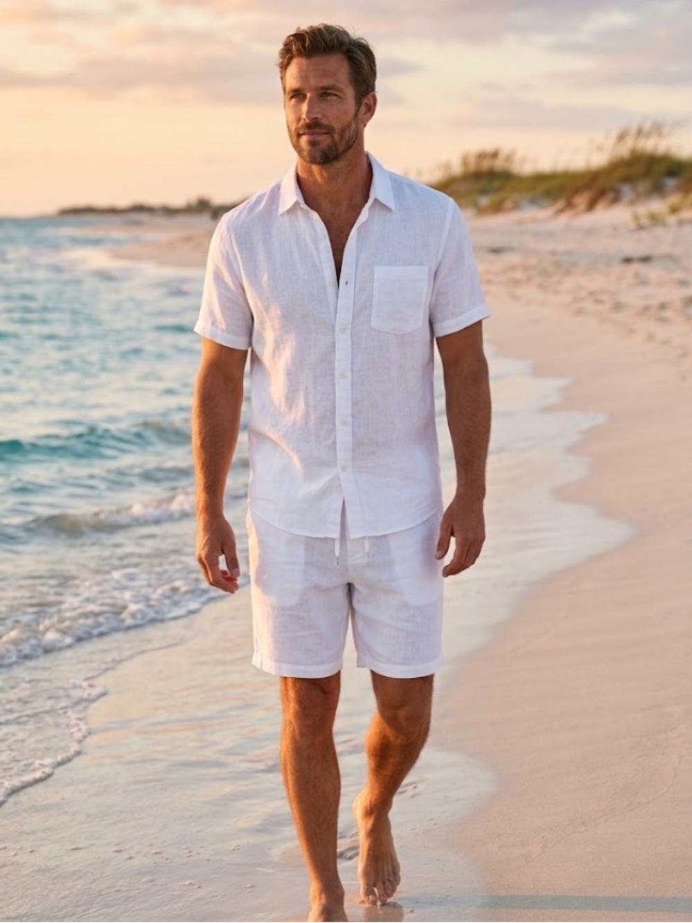 Thom Aaron 100% European Linen Short Sleeve Button-Down Shirt in White - Large